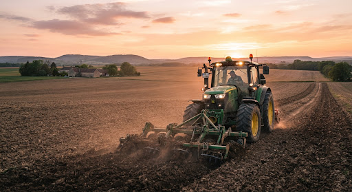 Tracteur au champ au coucher du soleil